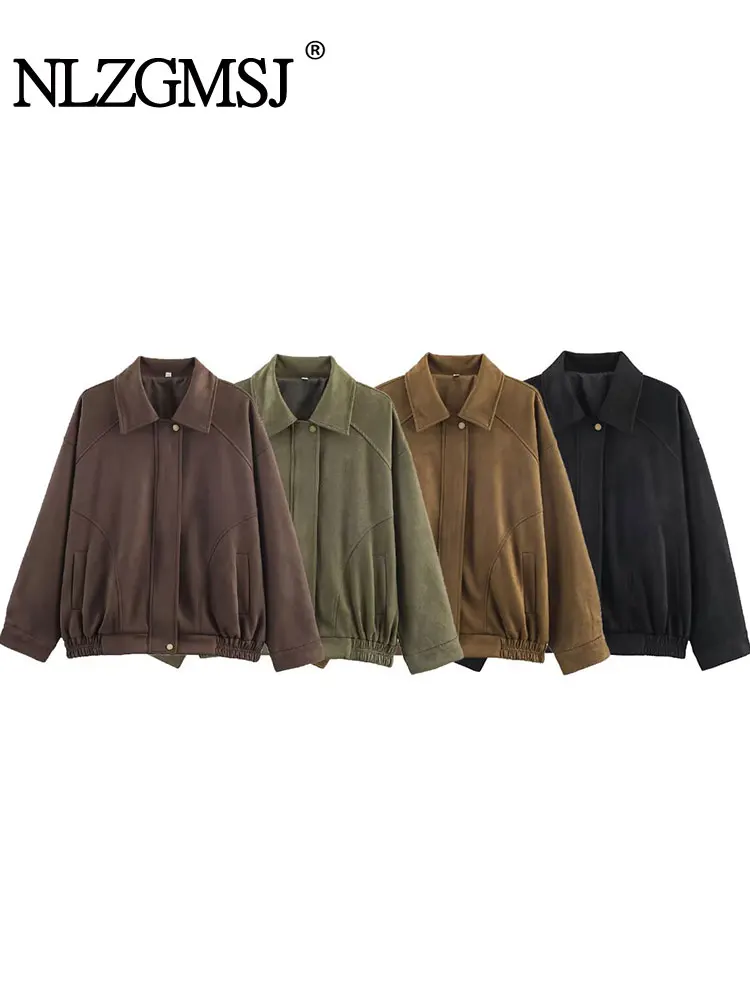 

NLZGMSJ Autumn Winter Women's Bomber Jacket Lapel Long Sleeve Zipper Suede Jacket Women High Street Jackets Coats Outerwears