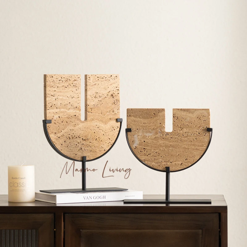 Beige Travertine Sculptures for Home Decoration U Shape Ornament for Coffee Table Shelf Entryway Living Room Decor
