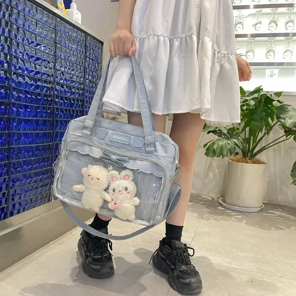 

Japanese Cute Transparent Canvas Fashion Girls One Shoulder Bag Student Personality Crossbody Bag with Badge Doll Bag