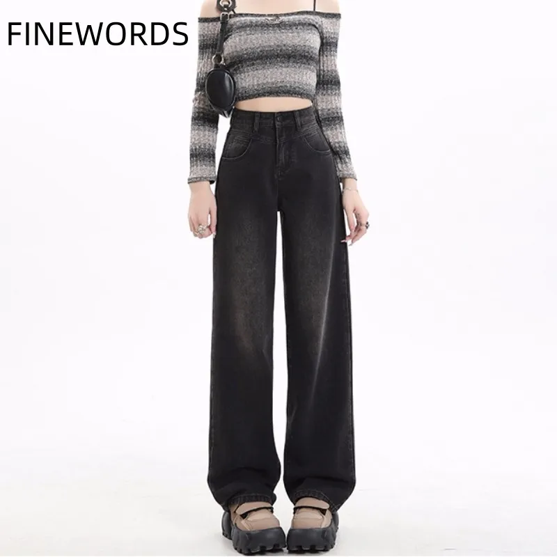 FINEWORDS High Waist Vintage Casual Black Wide Leg Jeans Korean Washed Jeans Loose Streetwear Full Length Straight Jeans