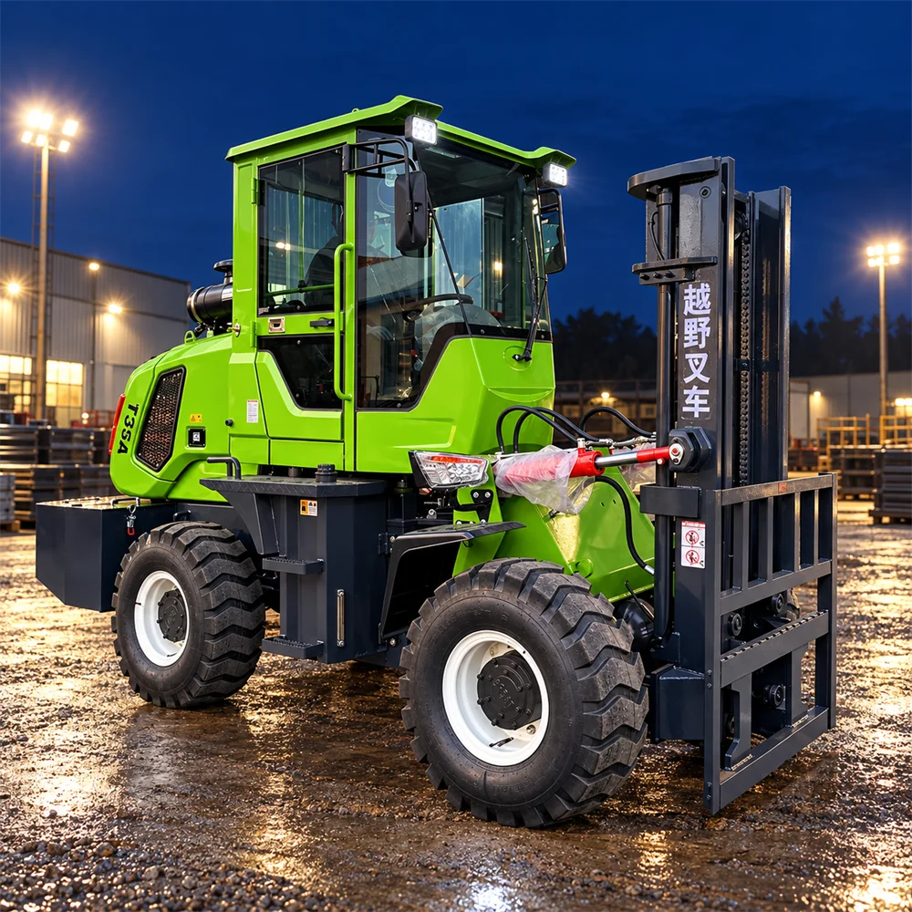 3.5T All Terrain Forklift with Enclosed Cab 4WD System and Front Bucket for Building Materials Handling on Rough Ground
