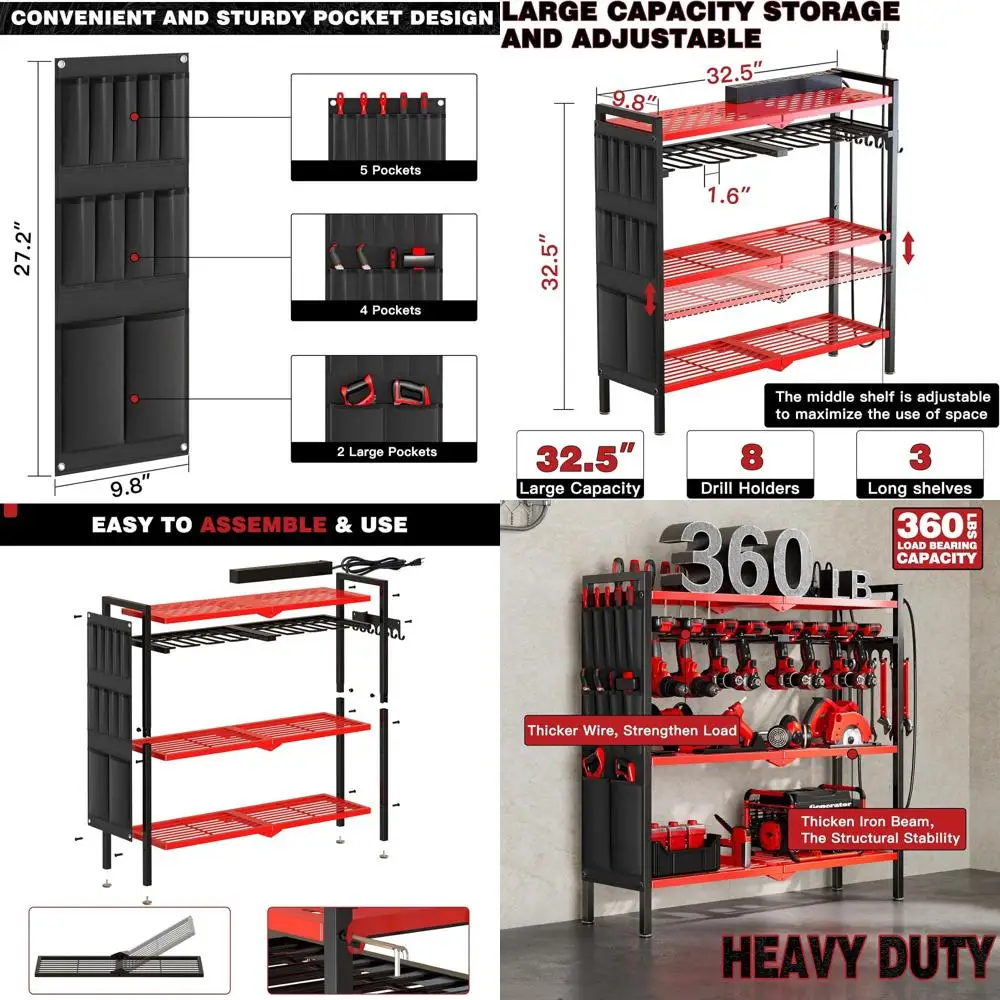 

Heavy-Duty Red Power Tool Cart with 8-Drill Charging Station for Garage Storage and Stability
