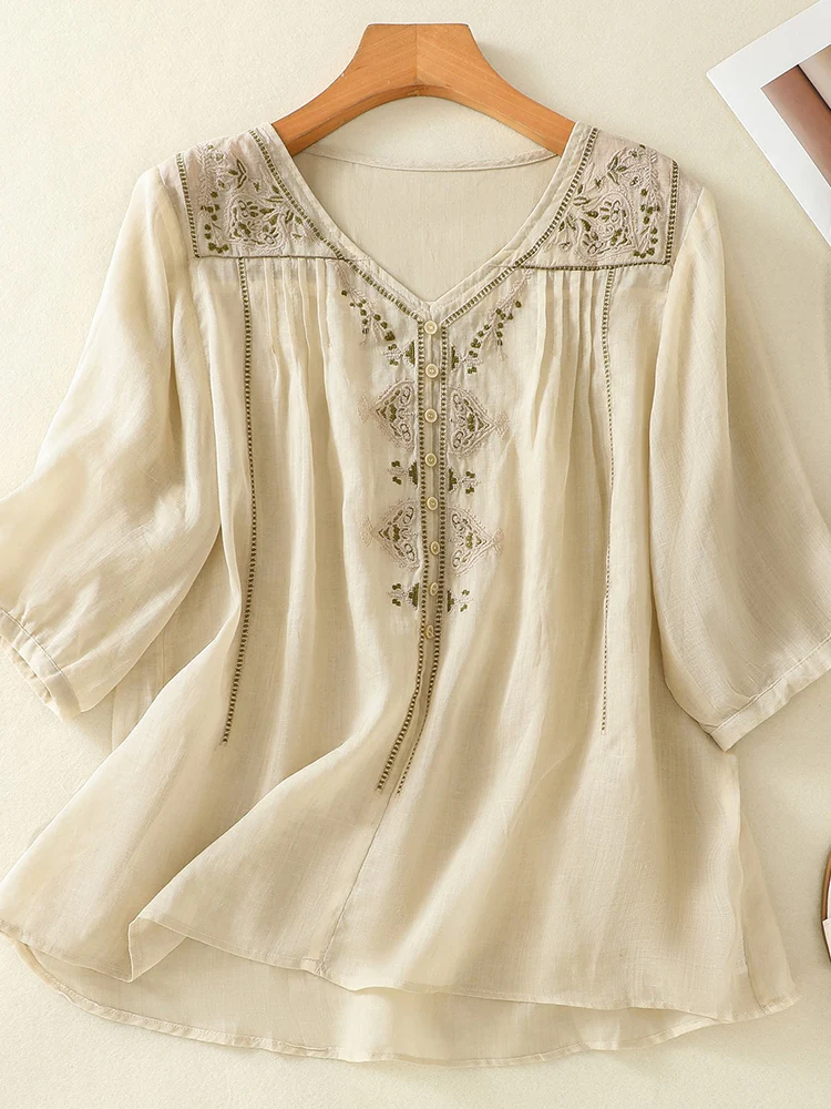 Rétro lourd broderie v-ne lin irt femmes été mince ample minceur coton lin ort Sve haut trajet Sle