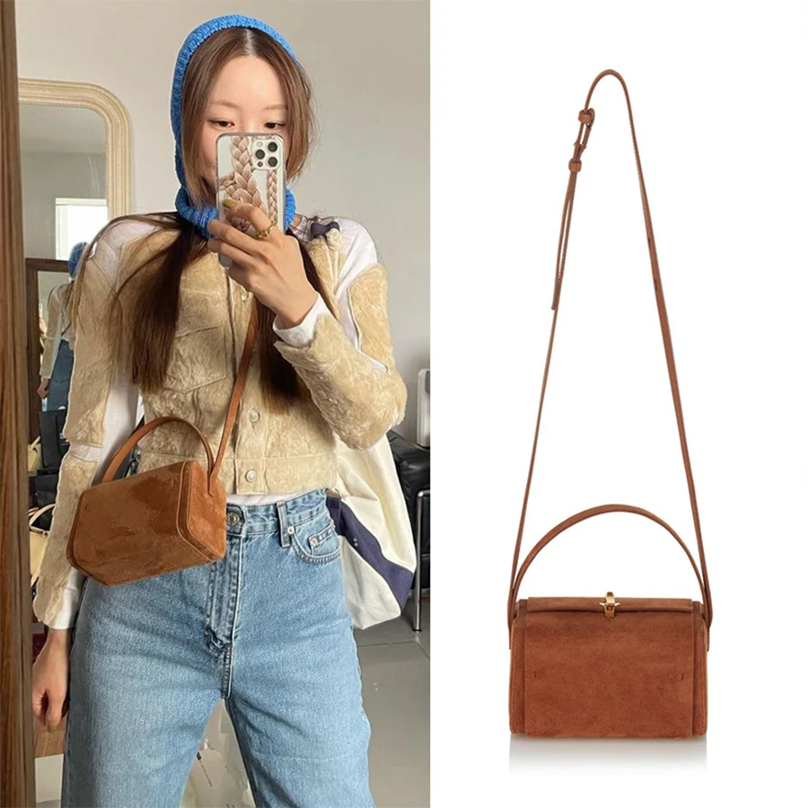 Retro Suede Box Crossbody Bags For Luxury Handbags Women Bags Designer Casual Small Square Shoulder Messenger Bag Bolsa Brown