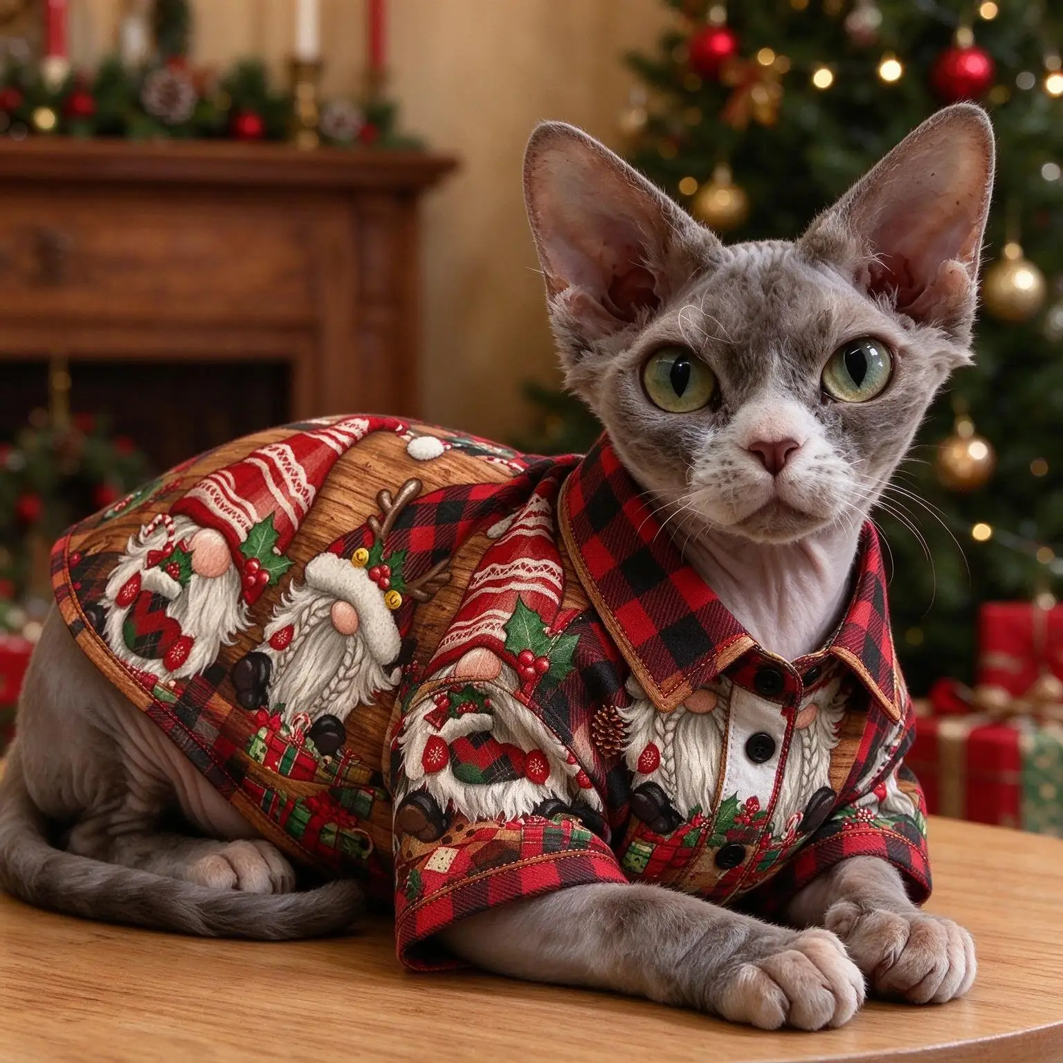 Cat & Dog Christmas Shirt, Vintage Plaid Cute Xmas Cartoon Allover Print Lapel Party Casual Pet Apparel