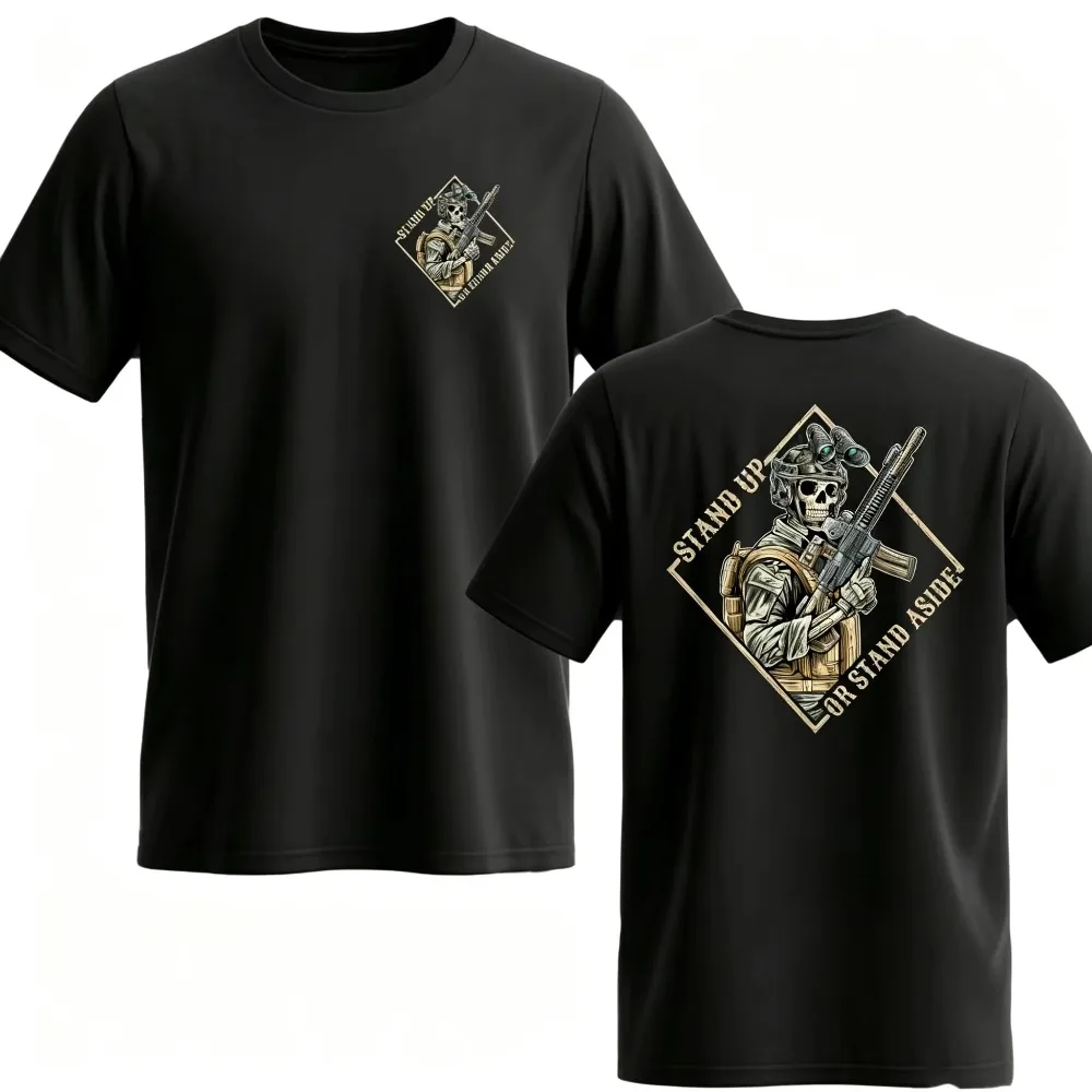 2026 New Tactical Skeleton Soldier Front Back Print T-shirt Kids Adults Vintage Military Style Streetwear Loose Short Sleeve Top