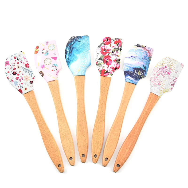 Soft Silicone Pastry Cake Spatula Wooden Handle Cream Baking Scraper Non-stick Butter Batter Stirring Tools Kitchen Blenders