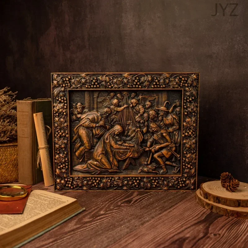 

Vintage Wooden Religious Mural Nativity Scener Birth of Jesus Home Wall Decor Gift