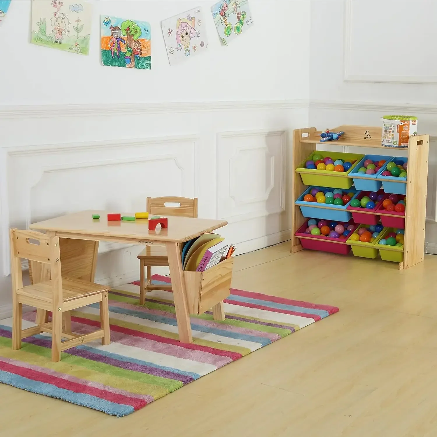 Kids Solid Wood Table and 2 Chair Set with Storage Desk and Chair Set for Children Toddler Activity Table (Solid Wood/Natural)