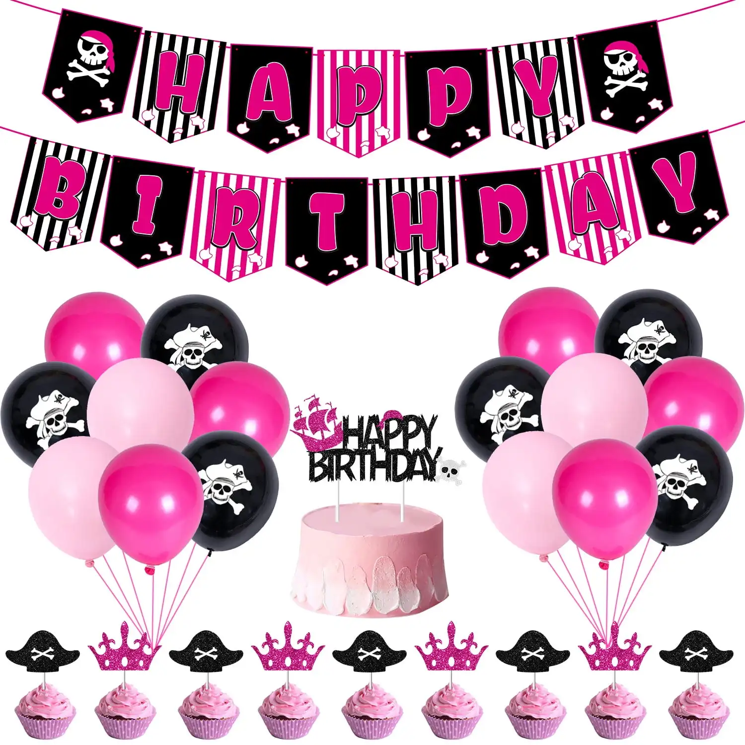 Pirate Theme Party Decorations for Girl, Hot Pink and Black Pirate, Happy Birthday Banner, Balloon, Party Supplies