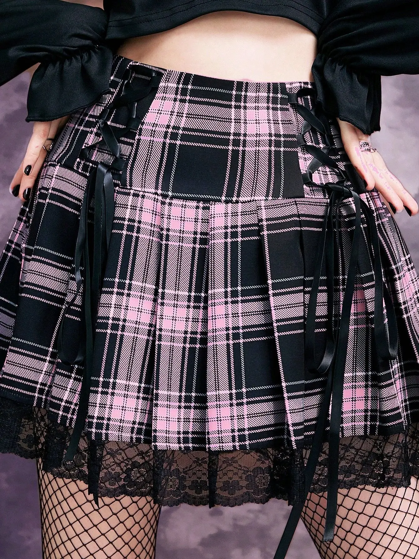 Goth Dark Harajuku ลายสก๊อตสูงเอวกระโปรงมินิสีชมพู Pastel Gothic Lace Hem กระโปรง E-สาวจีบสี Match Streetwear