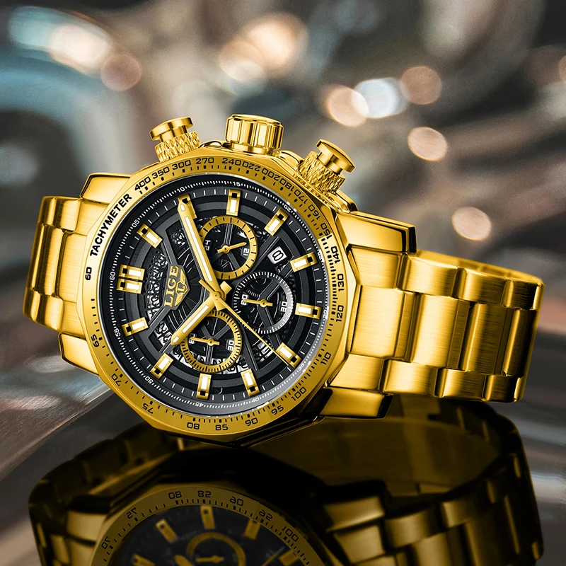 LIGE New Gold Chronograph Big Dial Watch Men Top Brand Luxury Waterproof Luminous Watch For Men Outdoor Sport Quartz Wristwatch