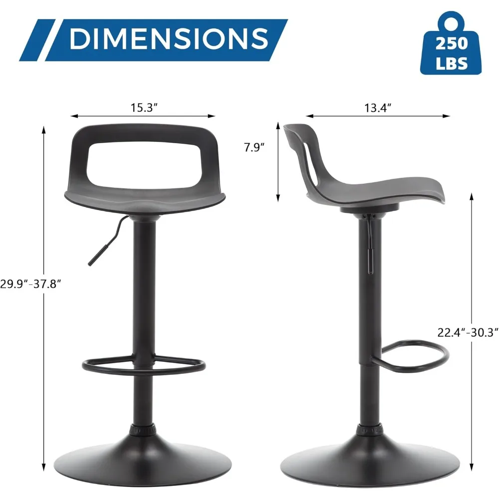 Conjunto de 2 bancos de bar modernos de plástico com altura de balcão ajustável e giratório (preto fosco)