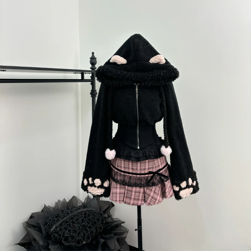 Winter Black Sweet Lolita 3 Piece Set Women Cute Bunny Hooded Coat+Bow Vest +Kawaii Plaid High Waist Skirt Gothic Y2k Outfits