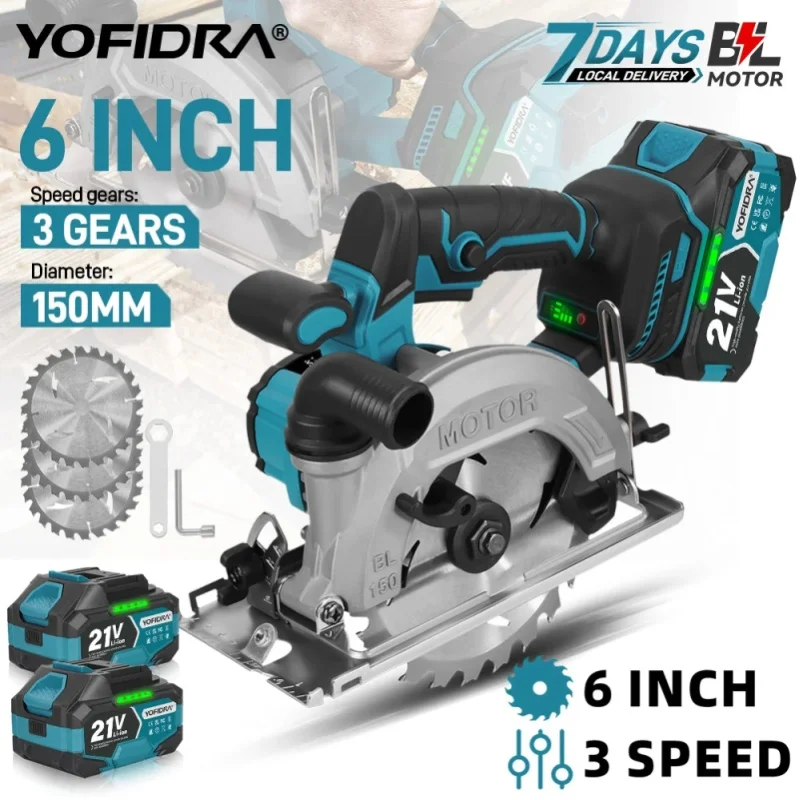 YOFIDRA 6 Zoll 150mm Bürstenlose Elektrische Kreissäge mit Digitalanzeige, Kettensäge, Holzbearbeitungs-Schneidwerkzeug für Makita 18-21V Akku