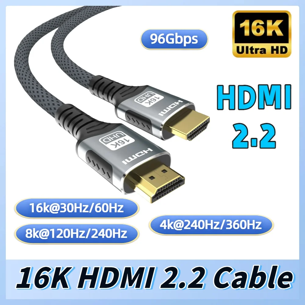 16K@60Hz HDMI Cable 2.2 Supports 8K@120Hz 4K@240Hz HDMI 16K Cord High Speed 96Gbps HDR10+ VRR+ ARC+ for Laptop Xbox PS5 Switch