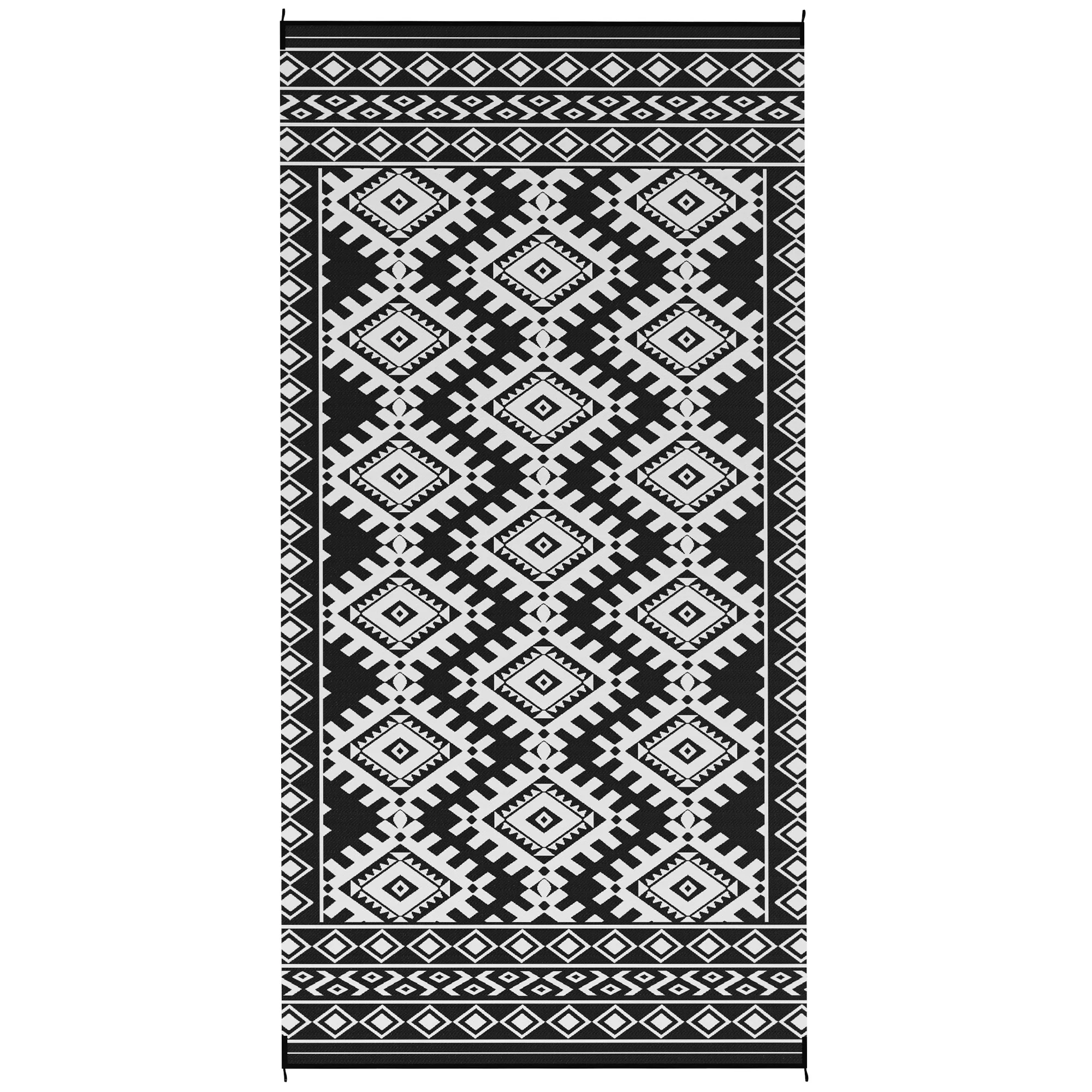 Outdoor Rug, 9' x 18' Floor Mat, Black White Rhombus Border