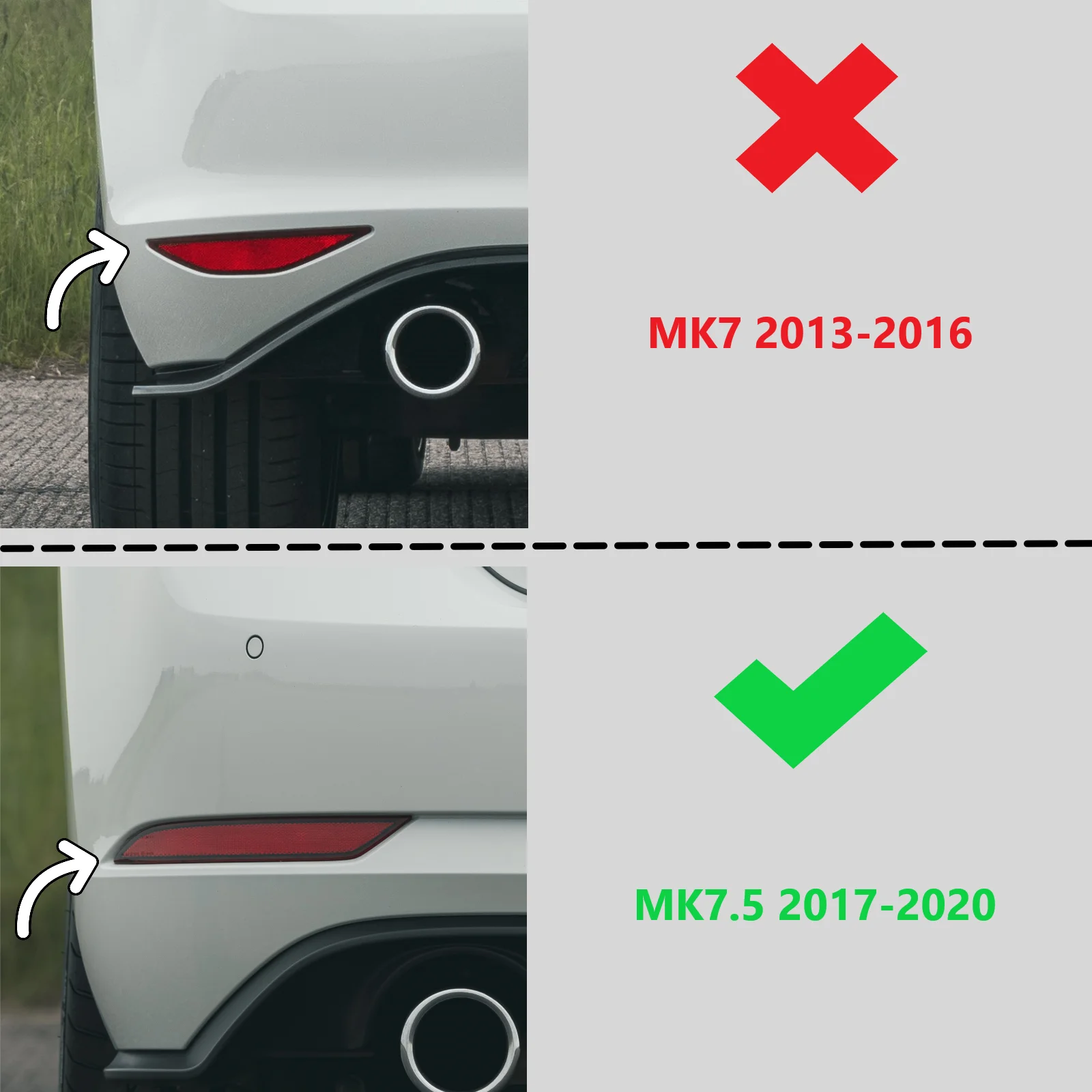 Czarny błyszczący zestaw wkładek odblaskowych tylnego zderzaka o strukturze plastra miodu do Volkswagen Golf 7.5 GTI GTD R-Line Hatchback Facelift