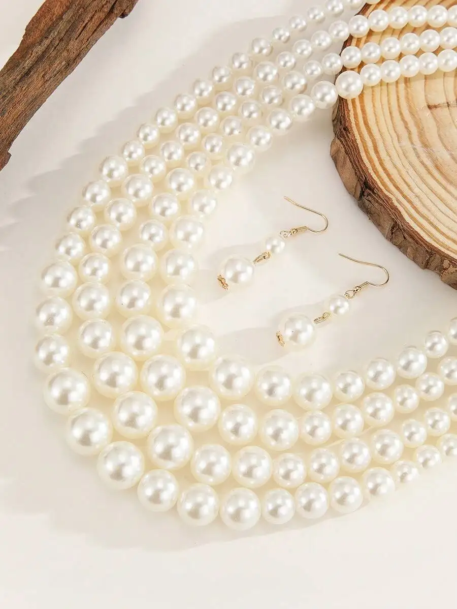 Multi-Layer Handmade Beaded Bohemian Retro Pearl Necklace And Earrings For Women Evening Party Vacation