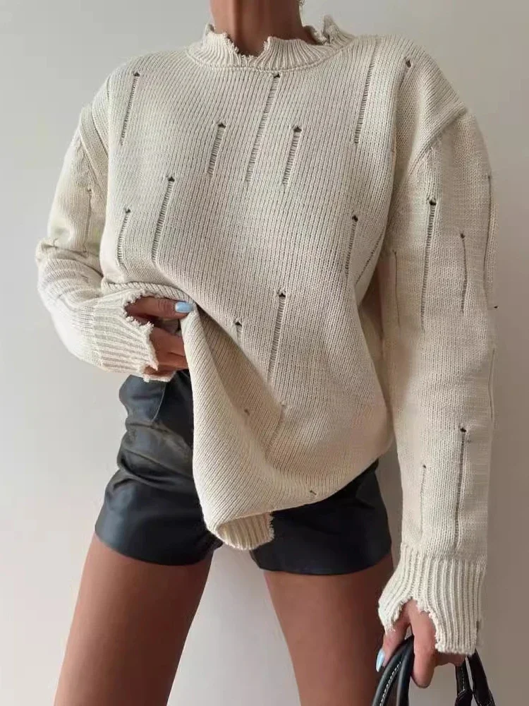 2024 Autumn/Winter Fashion New Women's Damaged Retro Style Street Wear Knitted Hoodie Round Neck Long Sleeve Thick Warm Sweater