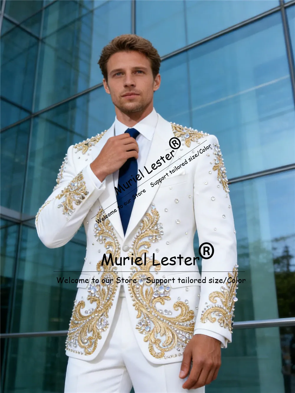 

Gold Rhinestones Beaded Men's Suit For Wedding Single Breasted Jacket Pants 2 Piece Set Groom Tuxedos Slim Fit Man Party Attire