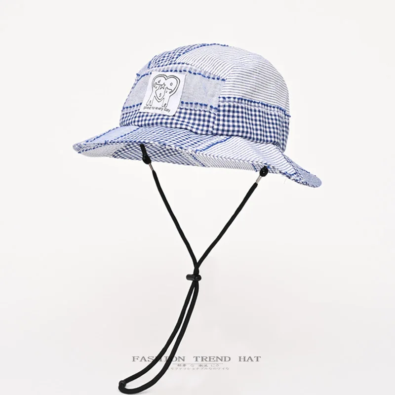 

Korean Retro Plaid Splicing Cloth Bucket Hat Men and Women Spring and Summer Sunscreen Travel Literary Big Brim Lace-up Sun Cap