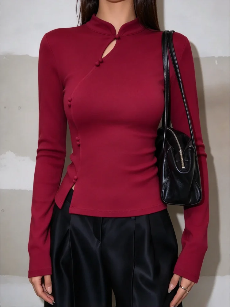 Women New Chinese Style Stand Collar Long Sleeve Top, Frog Buttons Slim Fit Blouse, Chest Hollow Out Irregular Hem Elegant Shirt