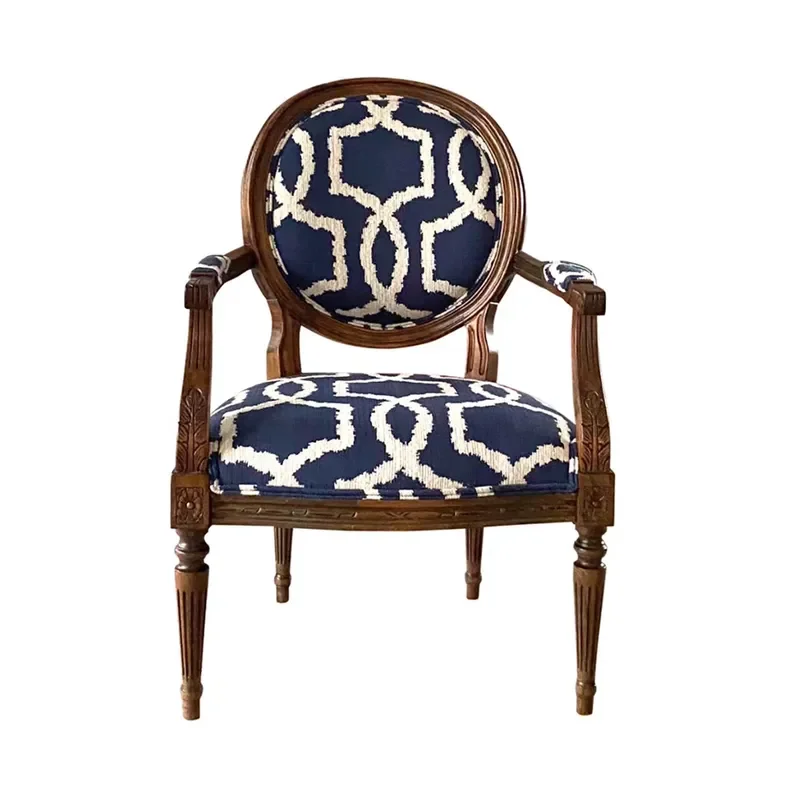 American Solid Wood White Vintage Armchair Carved Dining Chair Leisure Makeup Chair Round Back Fabric Book Reading Chair