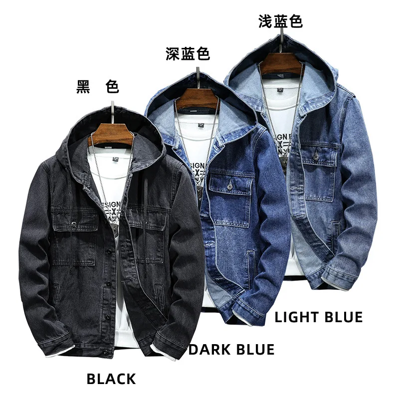 Denim Coat Men Coats Full Sleeve Hooded Jackets Single Breasted Vintage Y2k Streetwear Work Solid Casual Jacket 2026 Spring