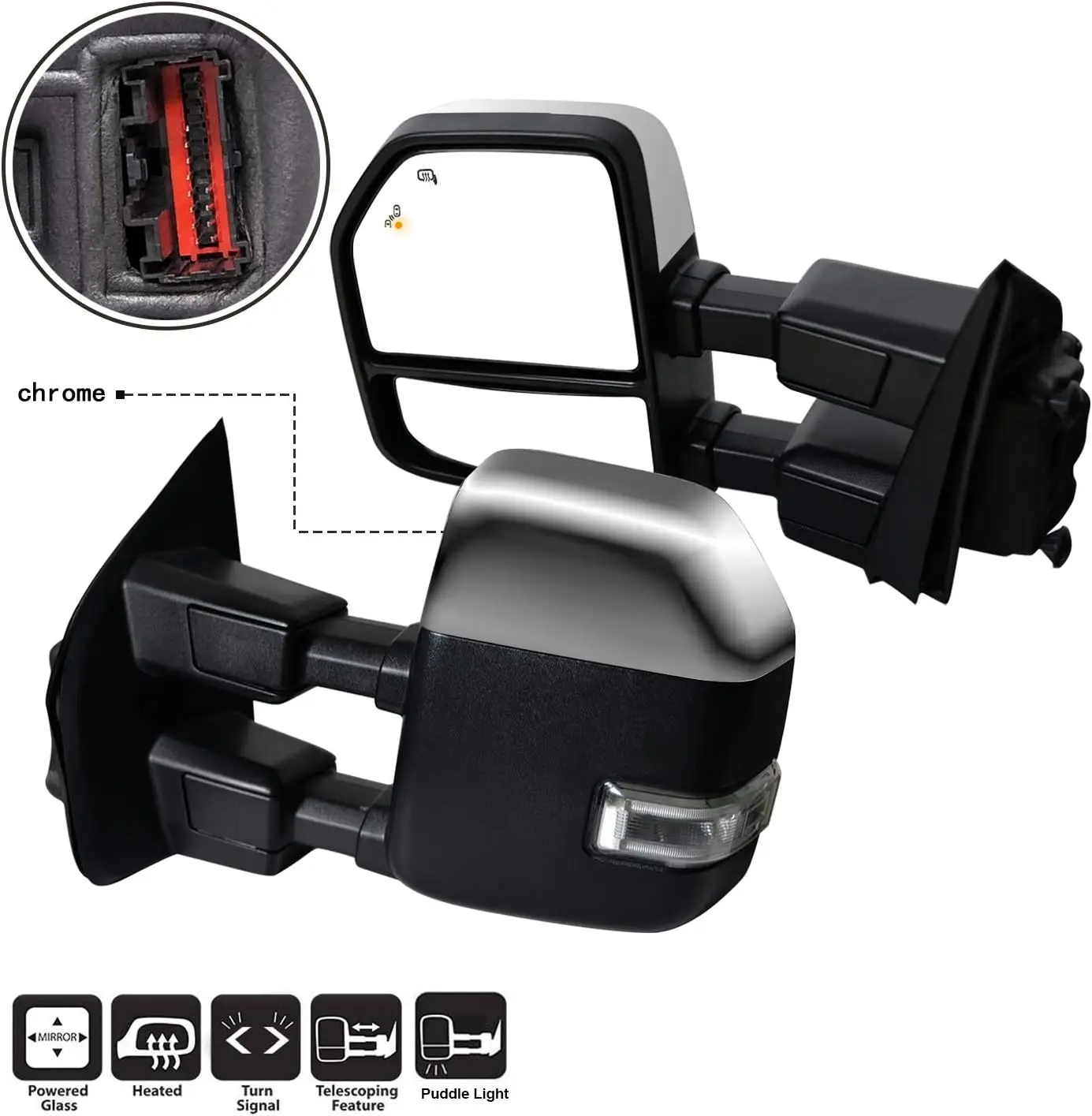 Ford Super Duty Towing Mirrors, Chrome, Black Cap, Heated with Blind Spot & Signal