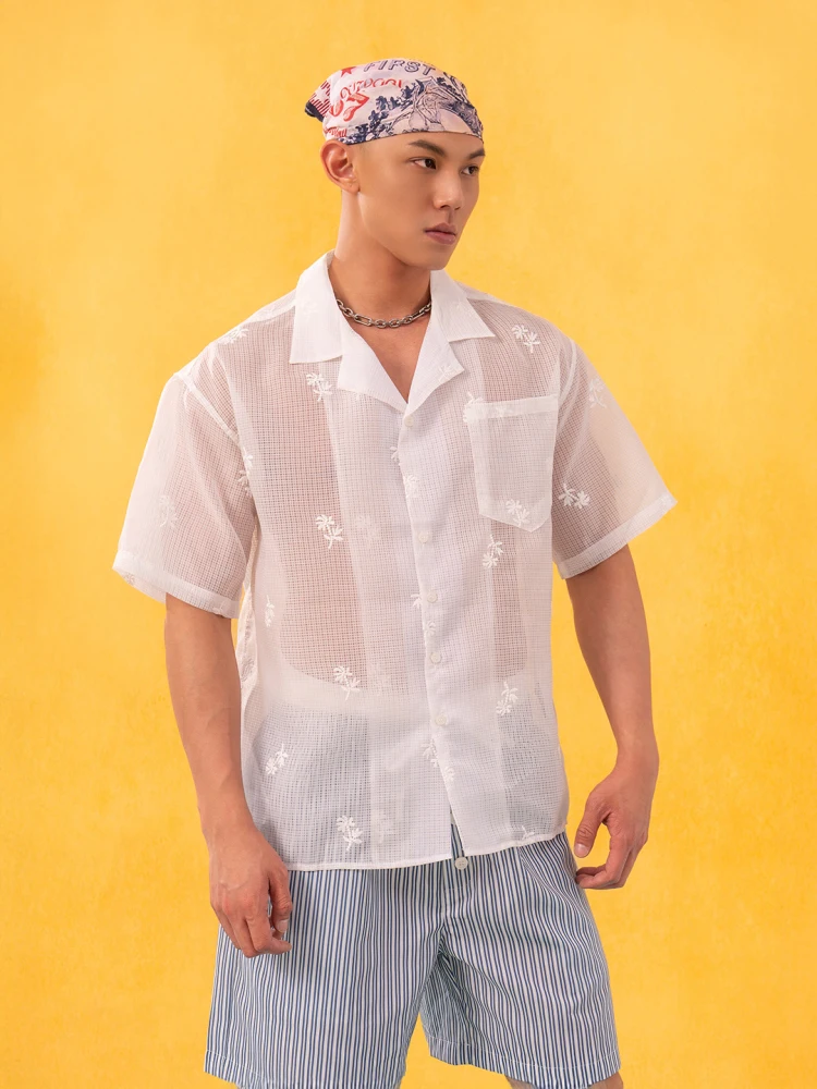 White Embroidered Semi-transparent Hollow Out Short-sleeve Shirts Men's 2025 Summer New Shirts Male Loose Comfort Trendy Tops