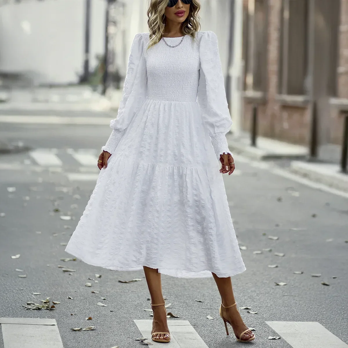 女性の春秋ミディドレス長袖花柄ブラウスエレガントな結婚式のゲストロング流れるドレスレディースサマーカジュアルドレス