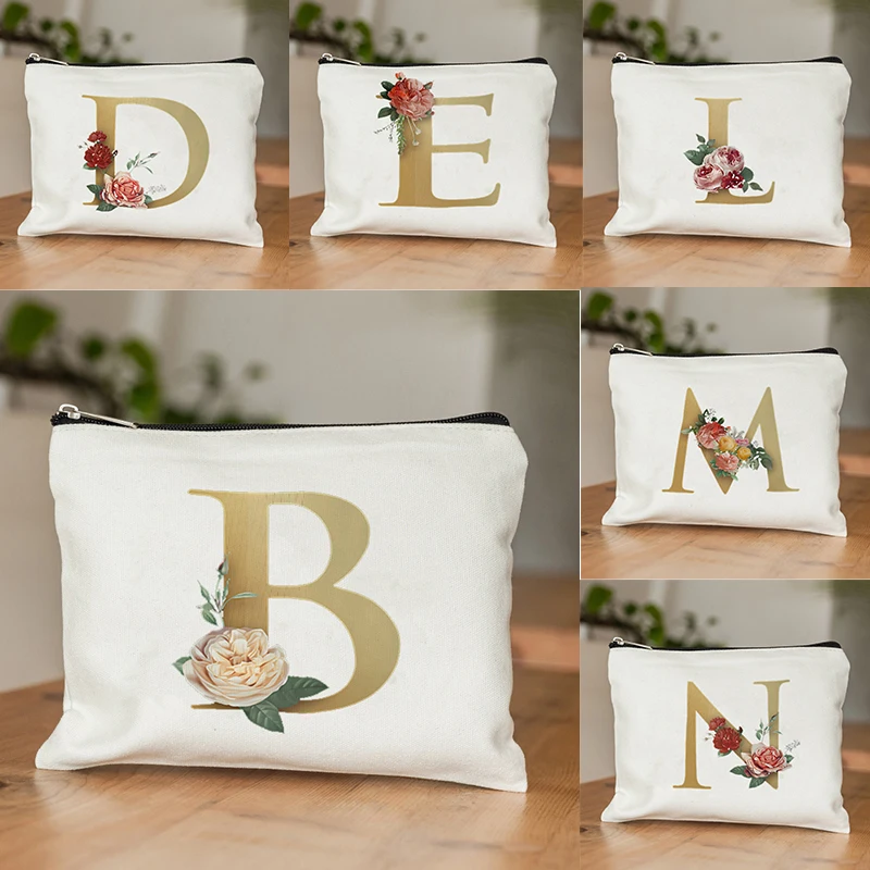 

Flower Cosmetic Bag Initials Letter Makeup Bags Women Travel Bridesmaid Gift Ladies Portable Beauty Bag Bachelorette Party Gifts