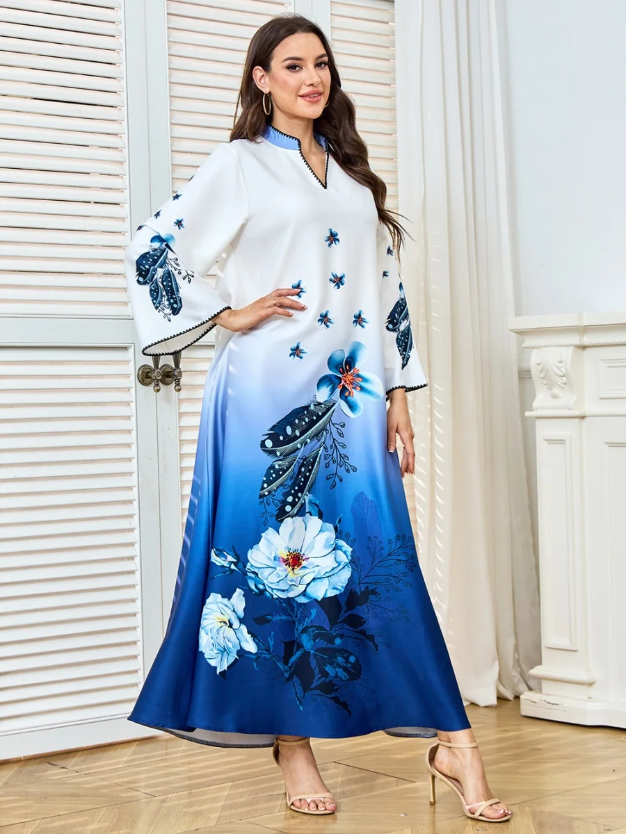 

Siskakia Dubai Floral Print Abaya Muslim Elegant Women Evening Dress Moroccan Women’s Clothes