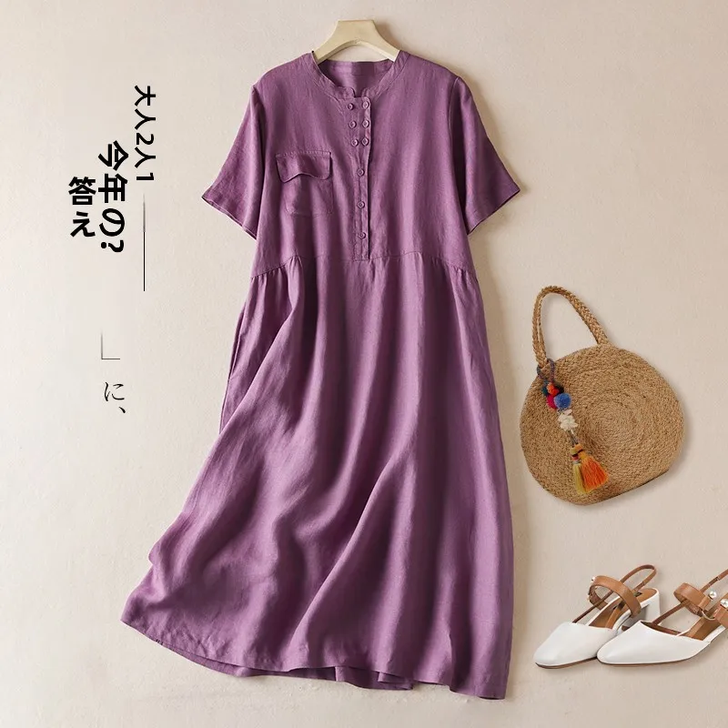 Zomer Woon-werk Losse Casual Japanse Sle Pure Kleur Lin ort Sve Dames Dr A-lijn Midi Rok Faionable Katoen Linnen