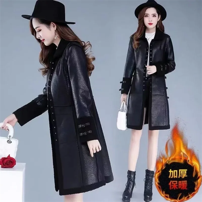 Autumn And Winter Korean  New LeatherJacket Medium Length Plush And Thick Women's Top Slim Fit Light Luxury And Slimming Jacket