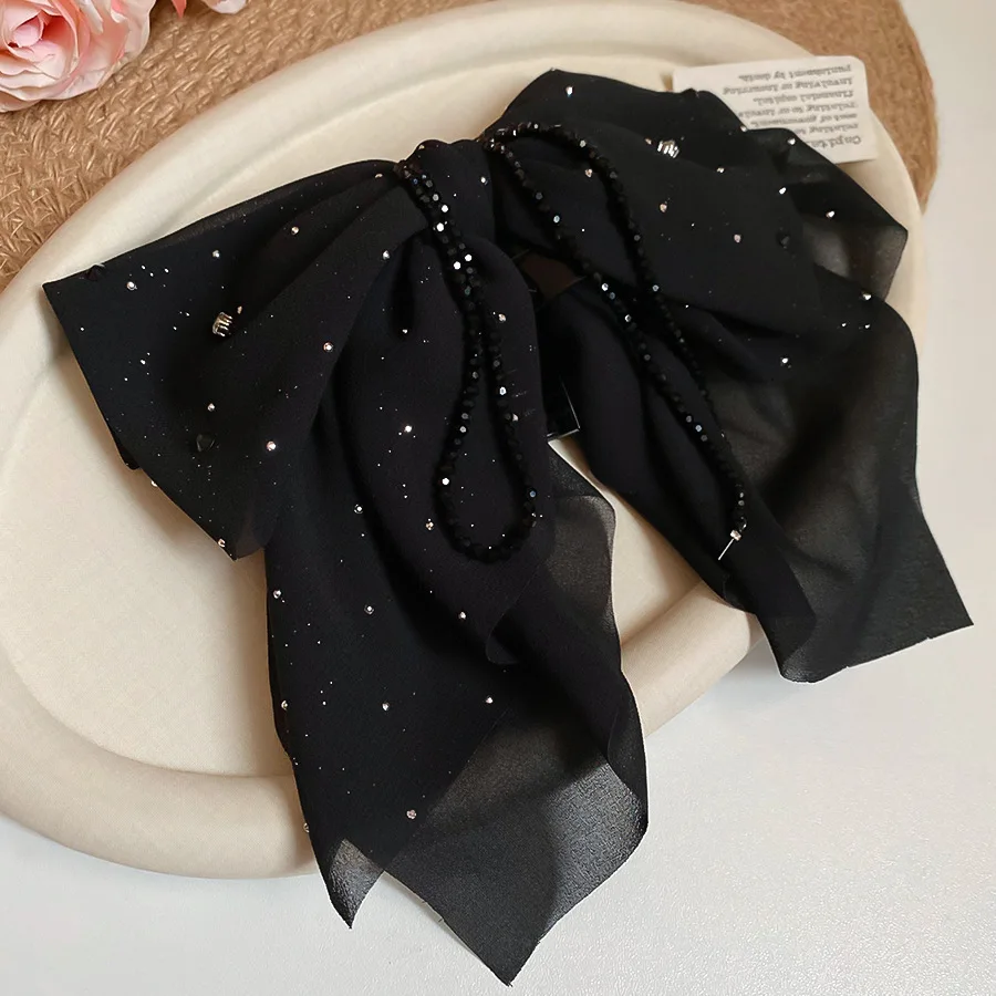 الاكريليك النسيج القوس شرابة مشبك شعر للنساء الساطع حجر الراين الأسود القرش كليب مزاجه موضة إكسسوارات الشعر مأدبة ث