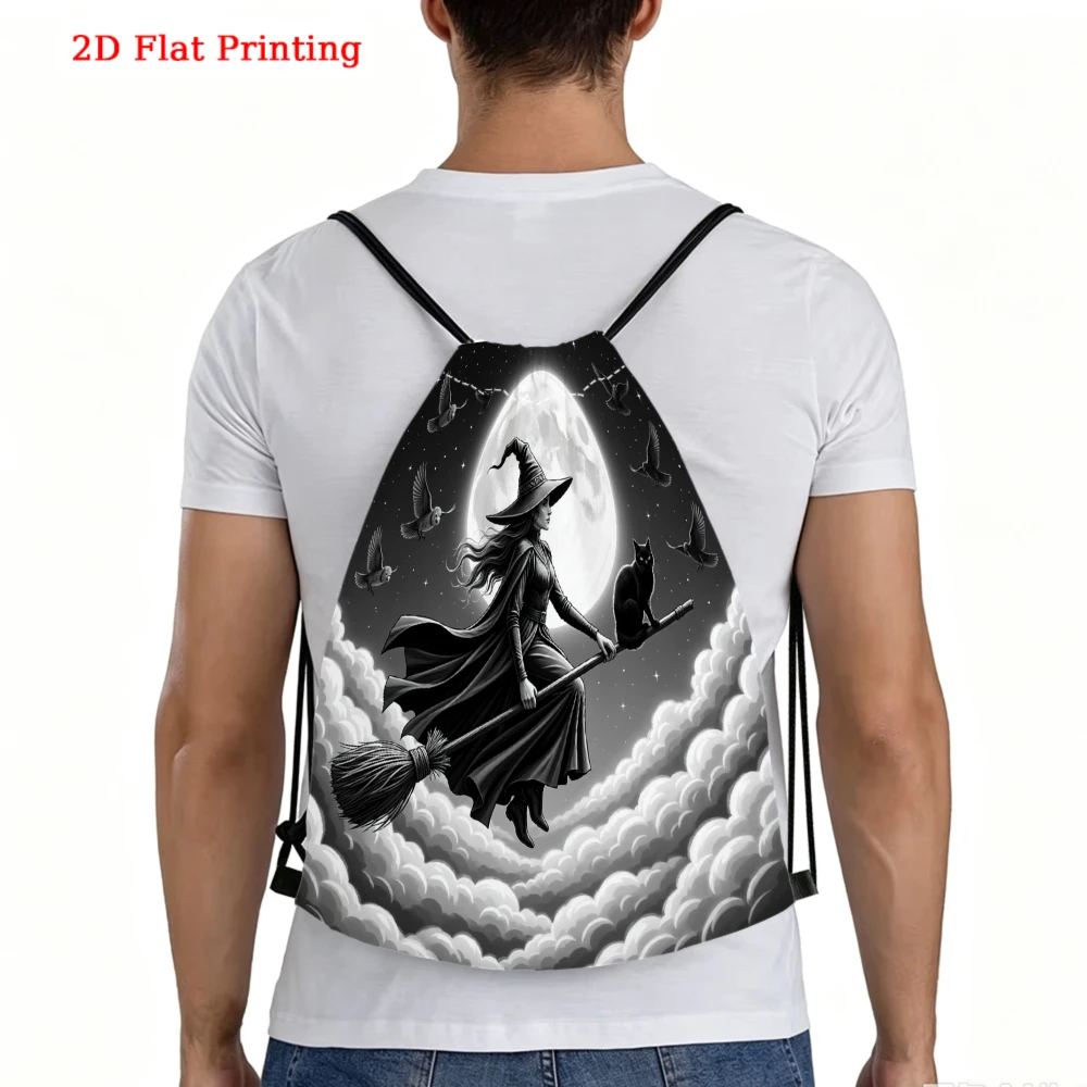 Gothic Style, Drawstring Backpack, Witch Moon Print, Gym Sports Bag, Outdoor Travel Drawstring Pack