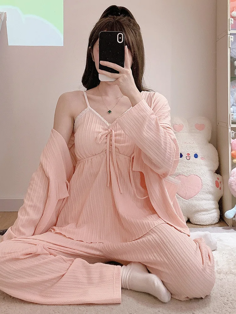 

Women's Cotton Spwear V-ne Long Sve Tee-piece Set Sweet Sle Home Clothes Blue Strap Home Suit Spring Autumn