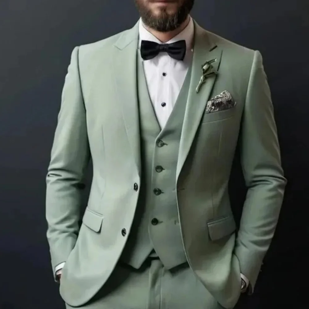 

XS-6XL Green New (Blazer+Vest+Pants) Men's Fashion Business Gentleman Professional Formal Version Banquet Dress Suit