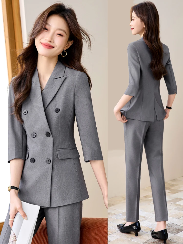 Gray Suit Set Women's Summer Thin Style Professional Interview Formal Workwear Seven-Quarter Sleeve Business Suit Outfit