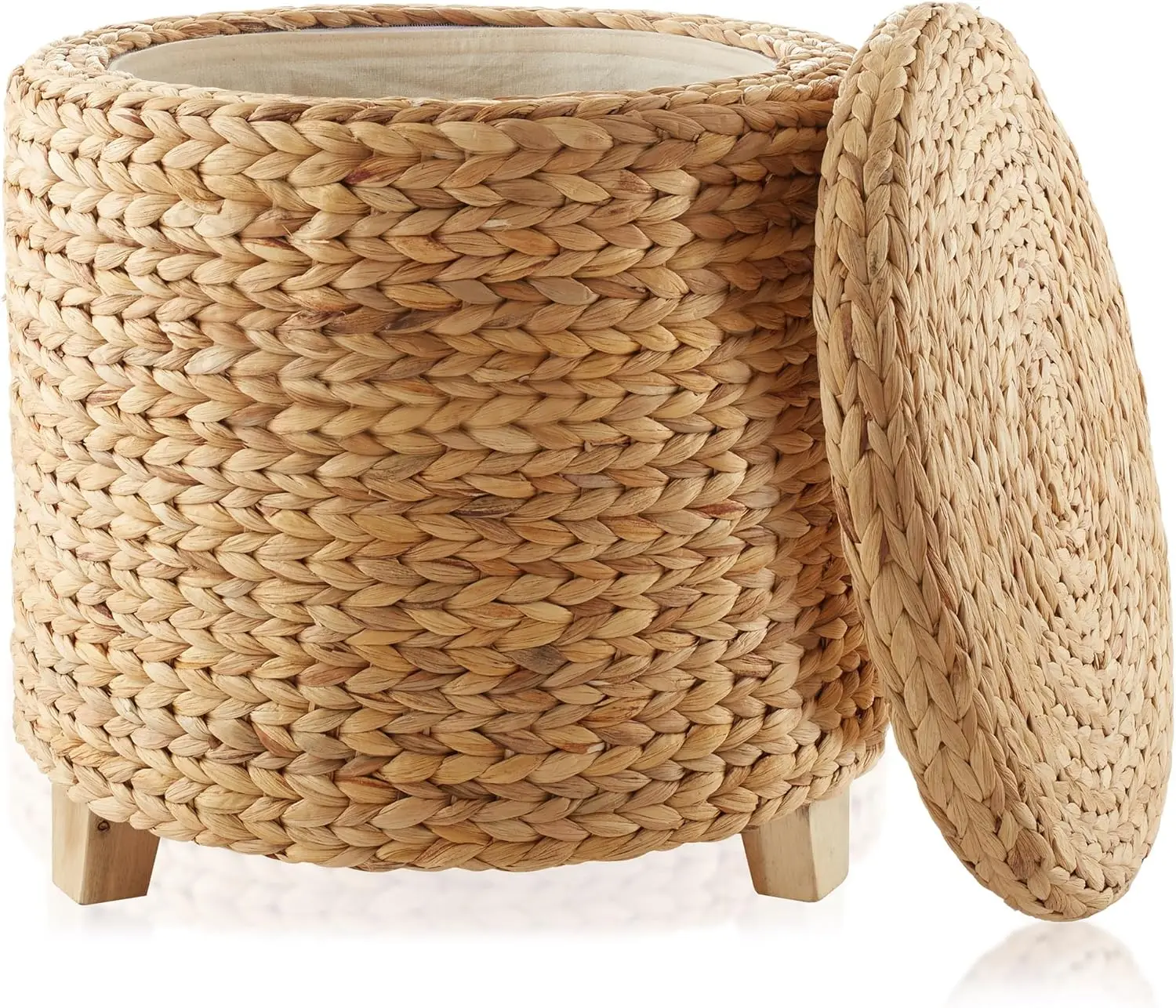 

Round Storage Ottoman with Lid, Handwoven Water Hyacinth Footstool