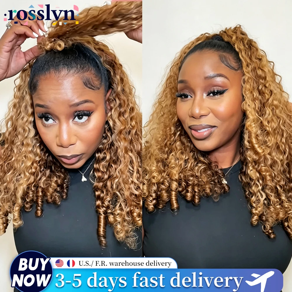 38 Inch P4/27 Honey Blonde Burmese Curly Half Wig 210% Density Full Machine Made Human Hair Drawstring Seamless Clip Beginner Friendly Curly Wigs For Women Ready to Wear Natural Style Seamless Flip Over Drawstring Headband Wigs Wear Go With Drawstring