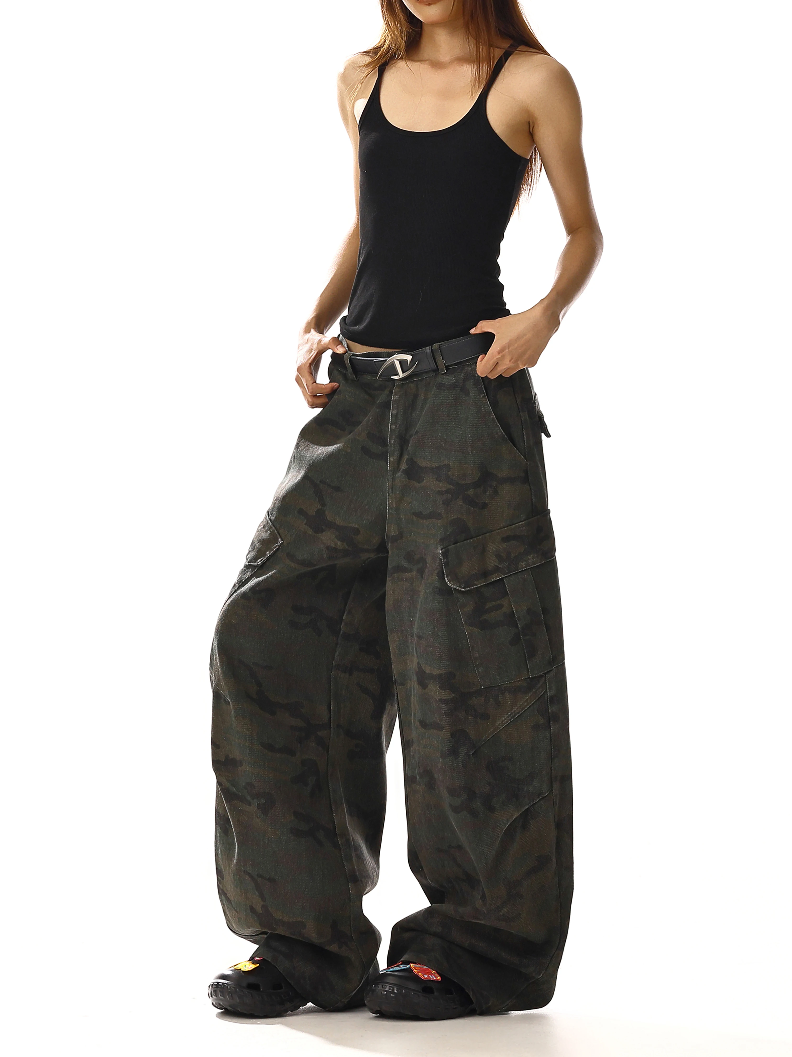 

Military Green Womens Jeans High Waist Vintage Straight Baggy Y2K Denim Pants Hip Hop American Fashion Wide Leg Denim Trouser