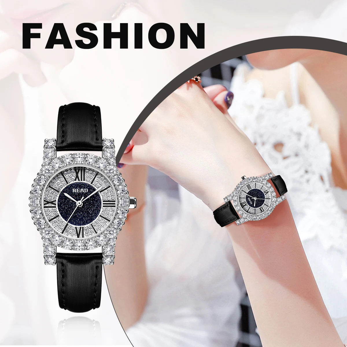 READ Ladies Quartz Watch | Black PU Band | Star‑Spark Dial | Roman Numerals | Decor Bezel | 30M Daily Water Resistant