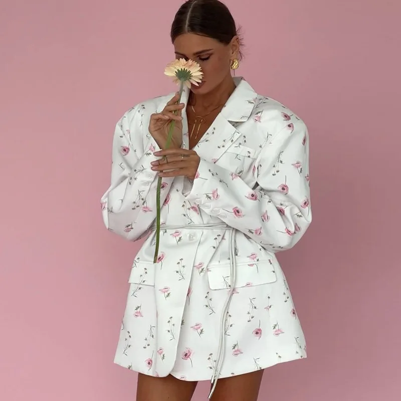 

New women's fashionable sweet floral suit collar with lace up long sleeved suit jacket