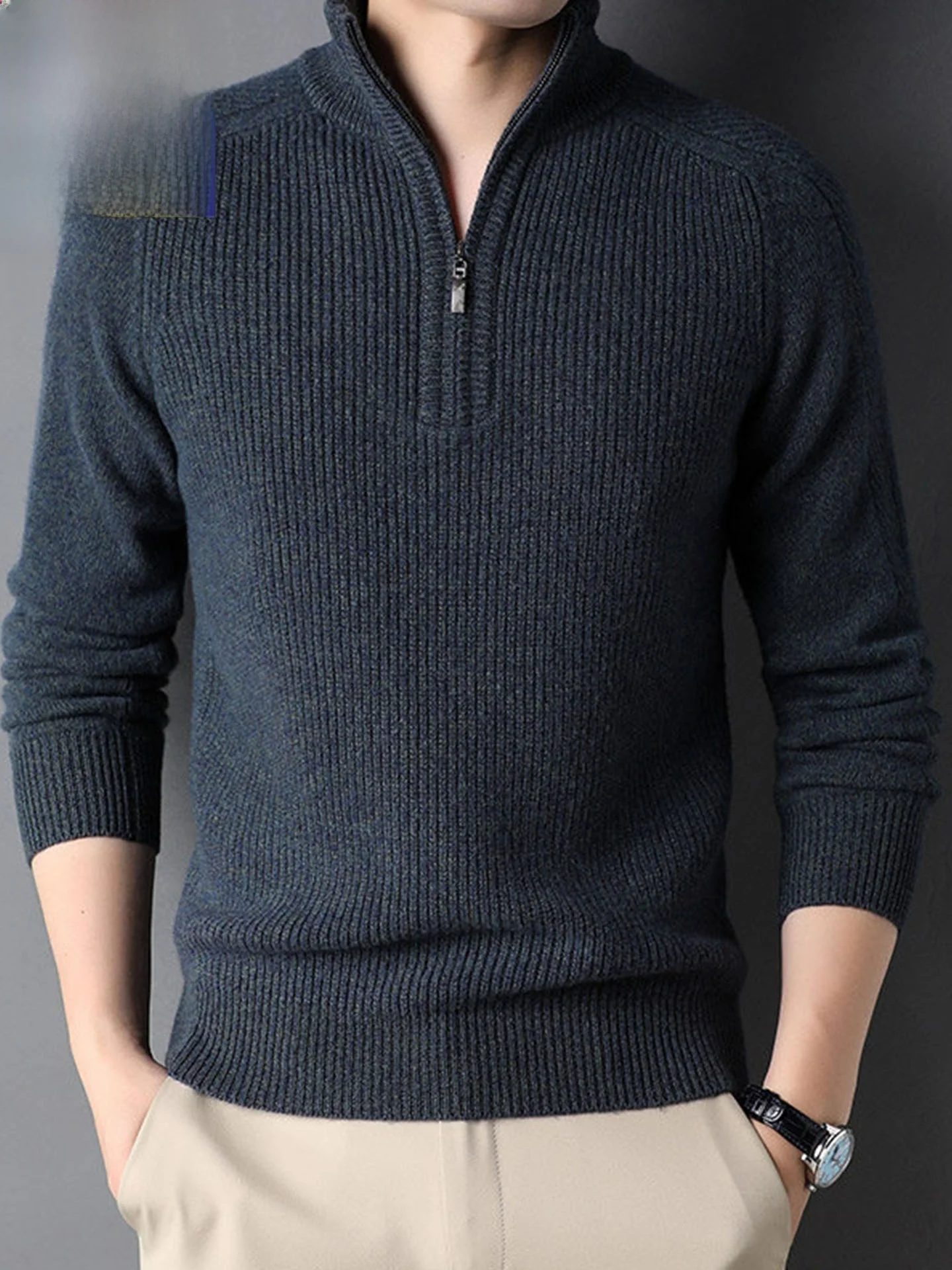 

Thiened Long Sve Zipper High Collar Men's Woolen Sweater Winter Warm Faion Ci Sle Busin Casual Mid-Year Loose Fit