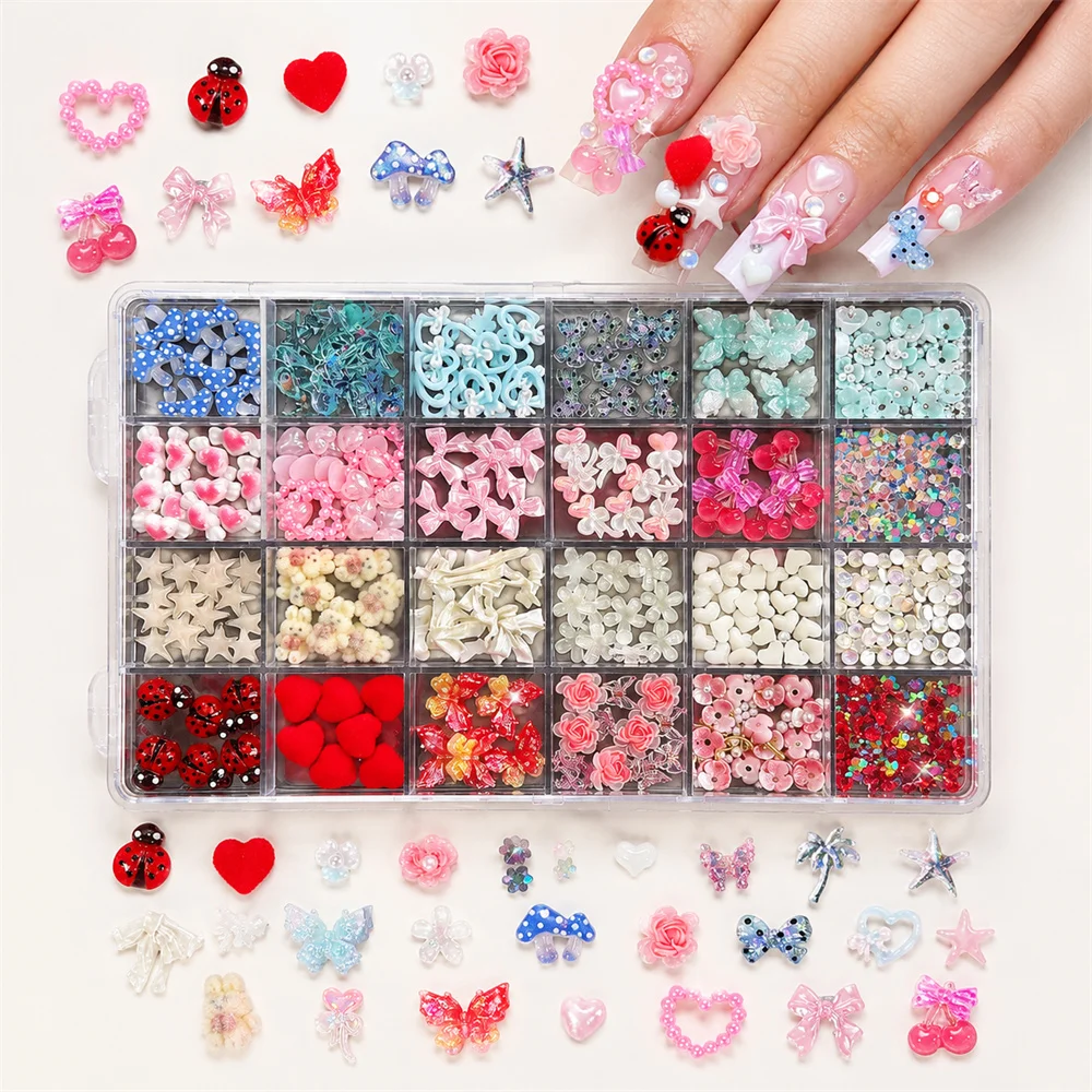 24Grids Soft Girl Nail Ornaments Multi-color Heart Star Pearl Bow Nail Embellishments For Daily Wear DIY Nail Art Charms