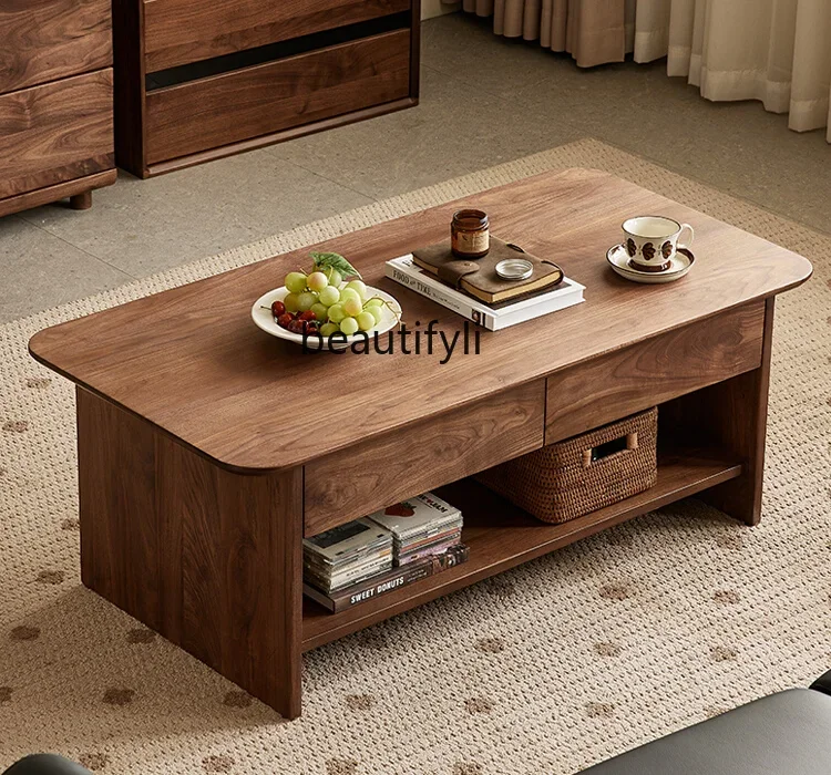 North America Black Walnut Wooden Tea Table Nordic Simple Double Layer Tea Table Home Living Room Rectangular Storage Low Table