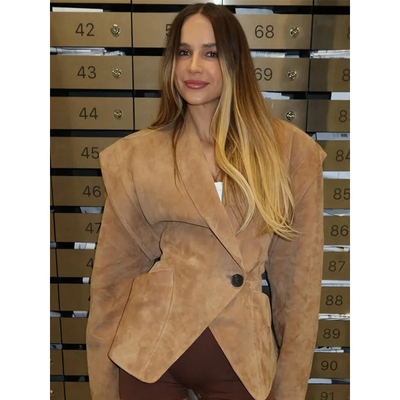 Bangniweigou Pure Color Lapel Collar Waist-Cinching Slim Fit Suede Jacket Women 2025 Full Sleeves Khaki Coffee Outerwear